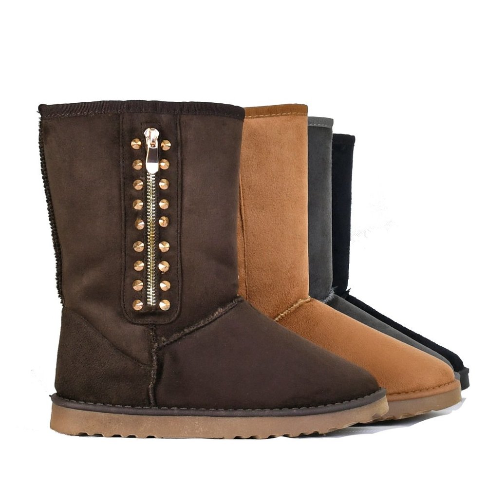 Brown Warm Winter Mid Calf Faux Suede Flat Boots